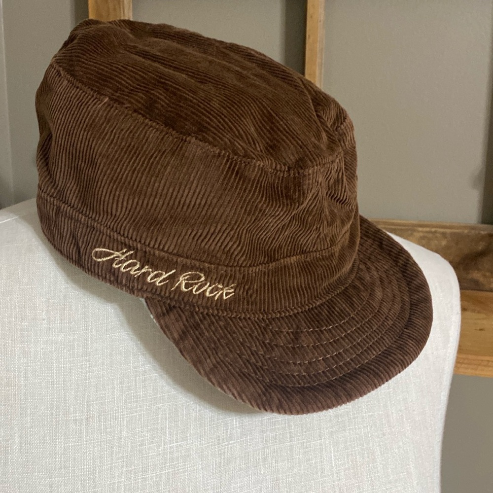 Hard Rock Cafe reversible brown corduroy, brown & white plaid newsboy hat